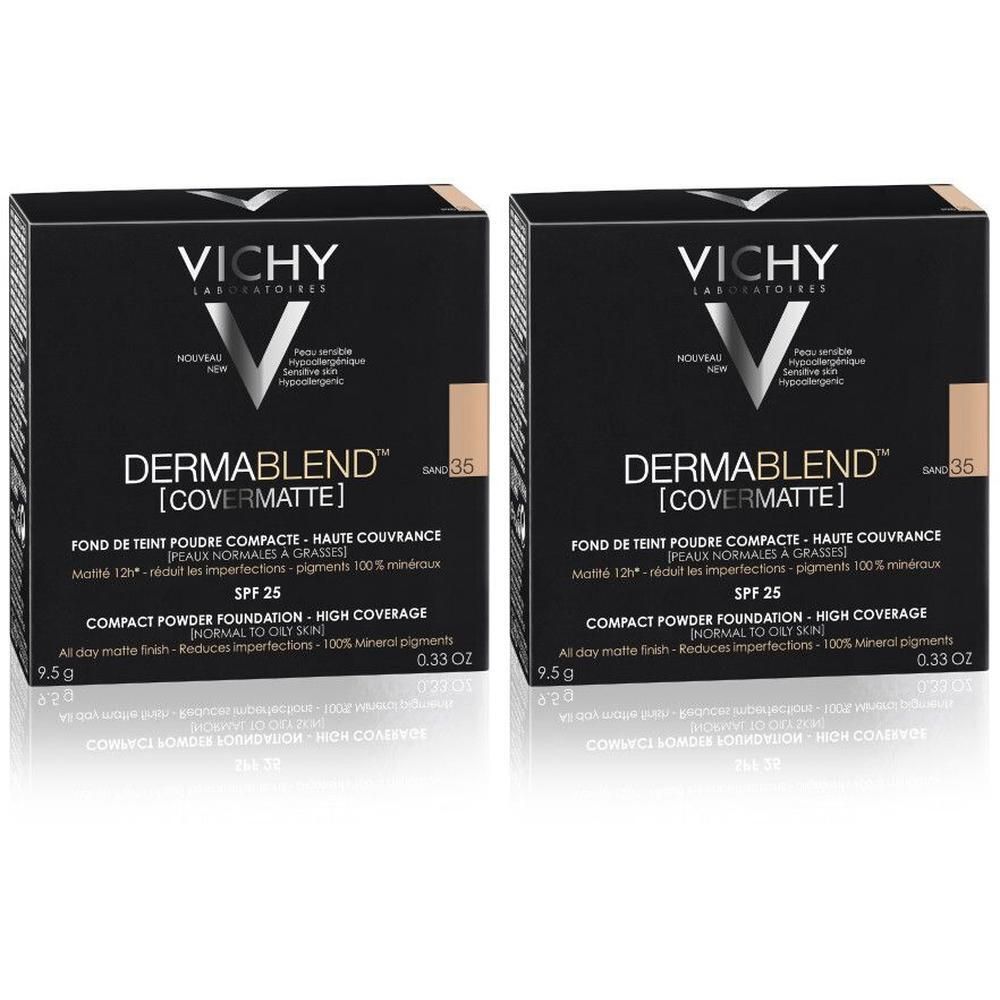 Deux poudres Vichy Dermablend Covermatte 35 Sand. Emballage noir avec nom du produit et SPF 25. 9,5g.