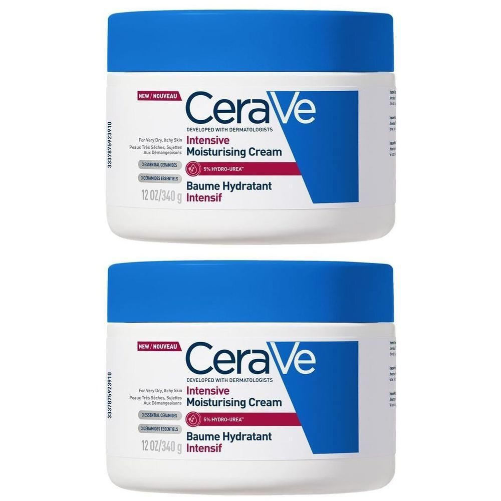 Deux pots blancs de CeraVe Crème Hydratante Intensive avec couvercle bleu. Inscription : Intensive Moisturising Cream.