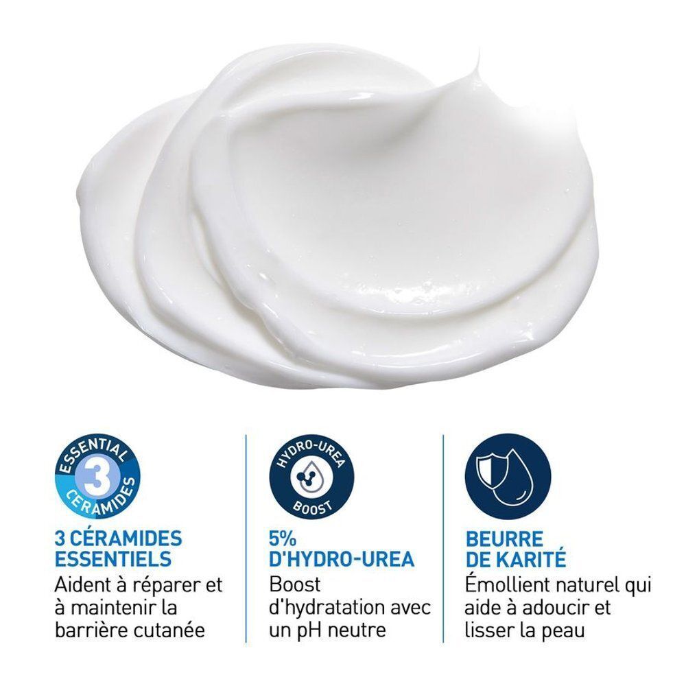 Gros plan d'une crème blanche. En dessous, trois cercles avec texte : 3 Céramides, Hydro-Urée, Beurre de karité.