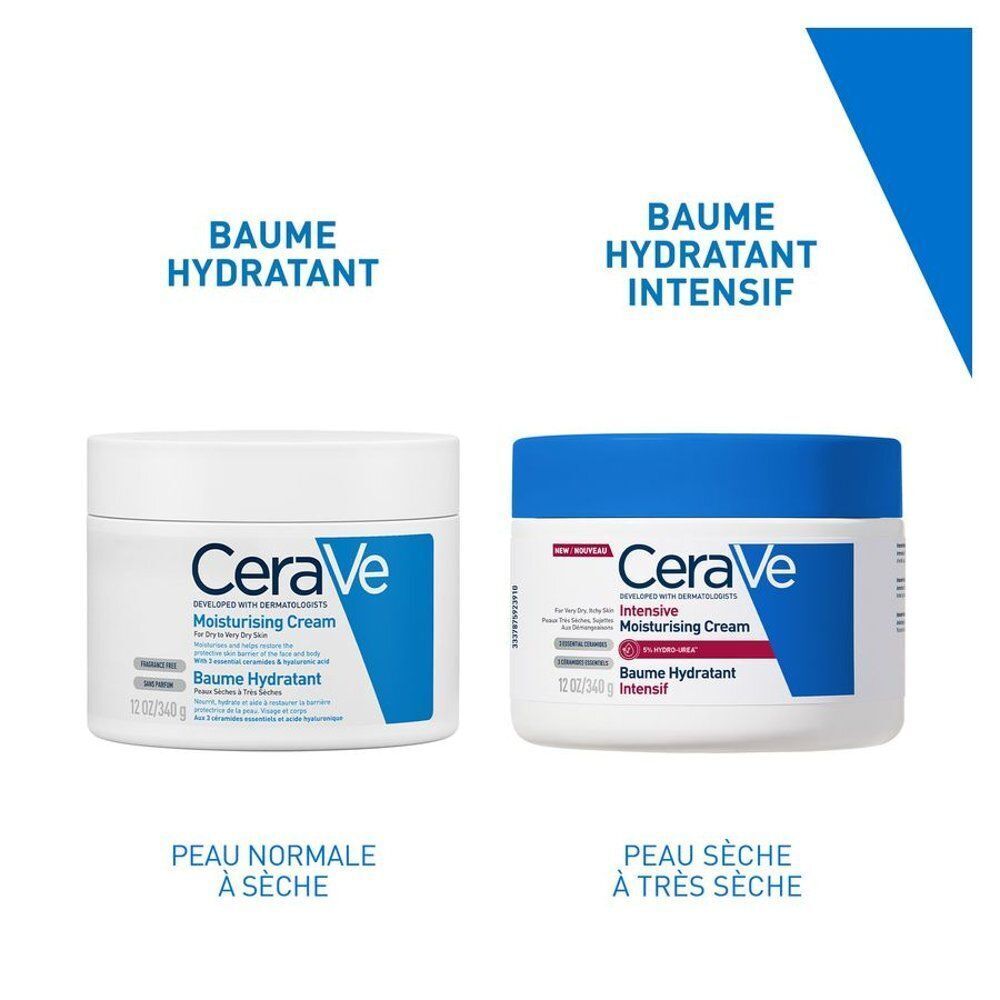 Deux pots de CeraVe Crème Hydratante. Gauche : Peau normale à sèche. Droite : Peau sèche à très sèche.