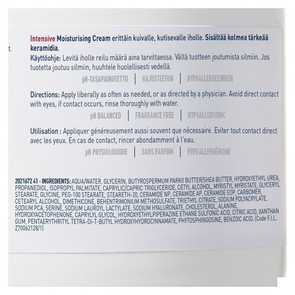 Dos d'un emballage avec texte en plusieurs langues. Ingrédients, mode d'emploi, pH, sans parfum.