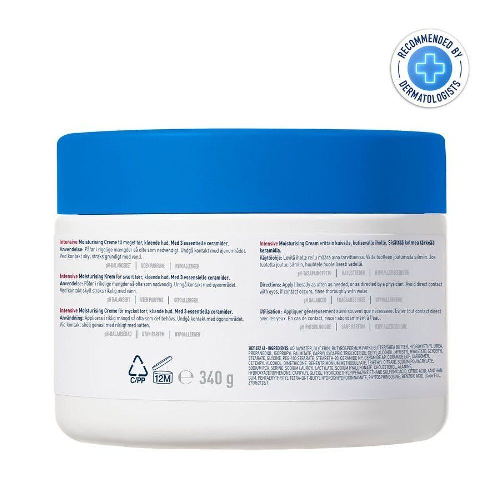 Dos d'un pot de CeraVe Crème Hydratante Intensive. Texte en plusieurs langues. Recommandé par les dermatologues.