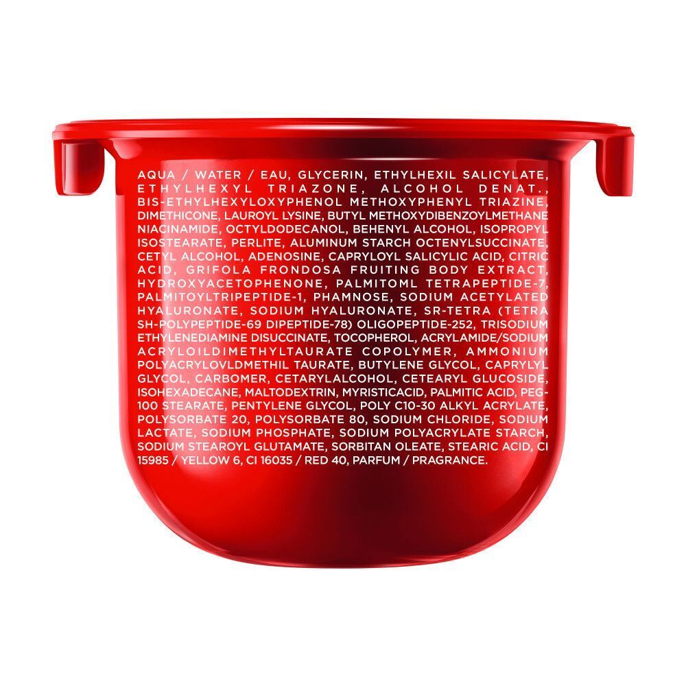 Contenant rouge avec liste d'ingrédients.