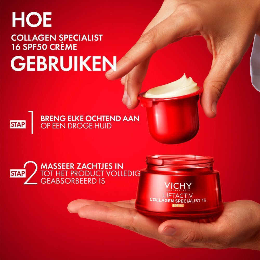 Toepassing: crème uit rode container aanbrengen.