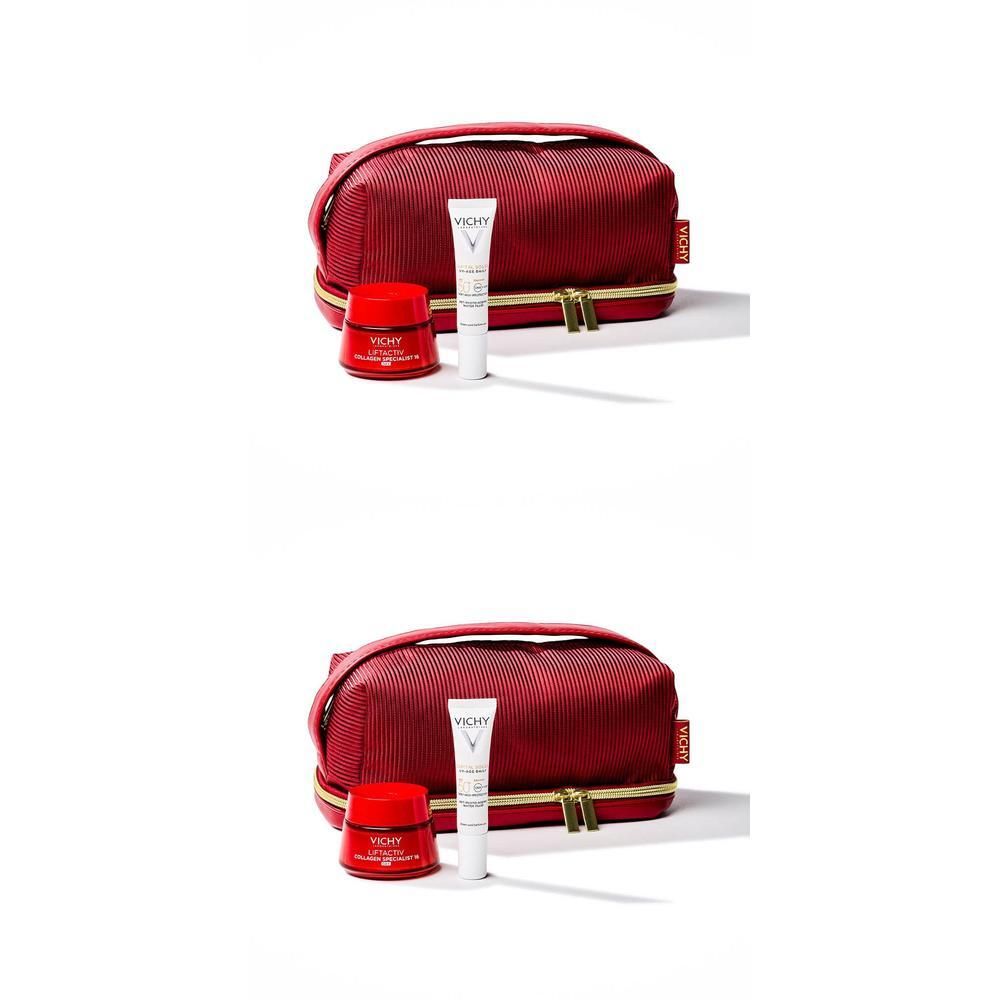 Trousse rouge avec trois produits : crème, tube et pot. Fermeture éclair dorée. Logo Vichy visible.