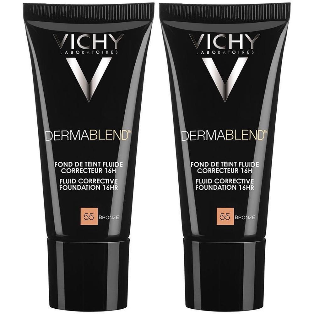 Deux tubes de fond de teint. Tube noir avec logo et texte blancs. Teinte 55 Bronze.