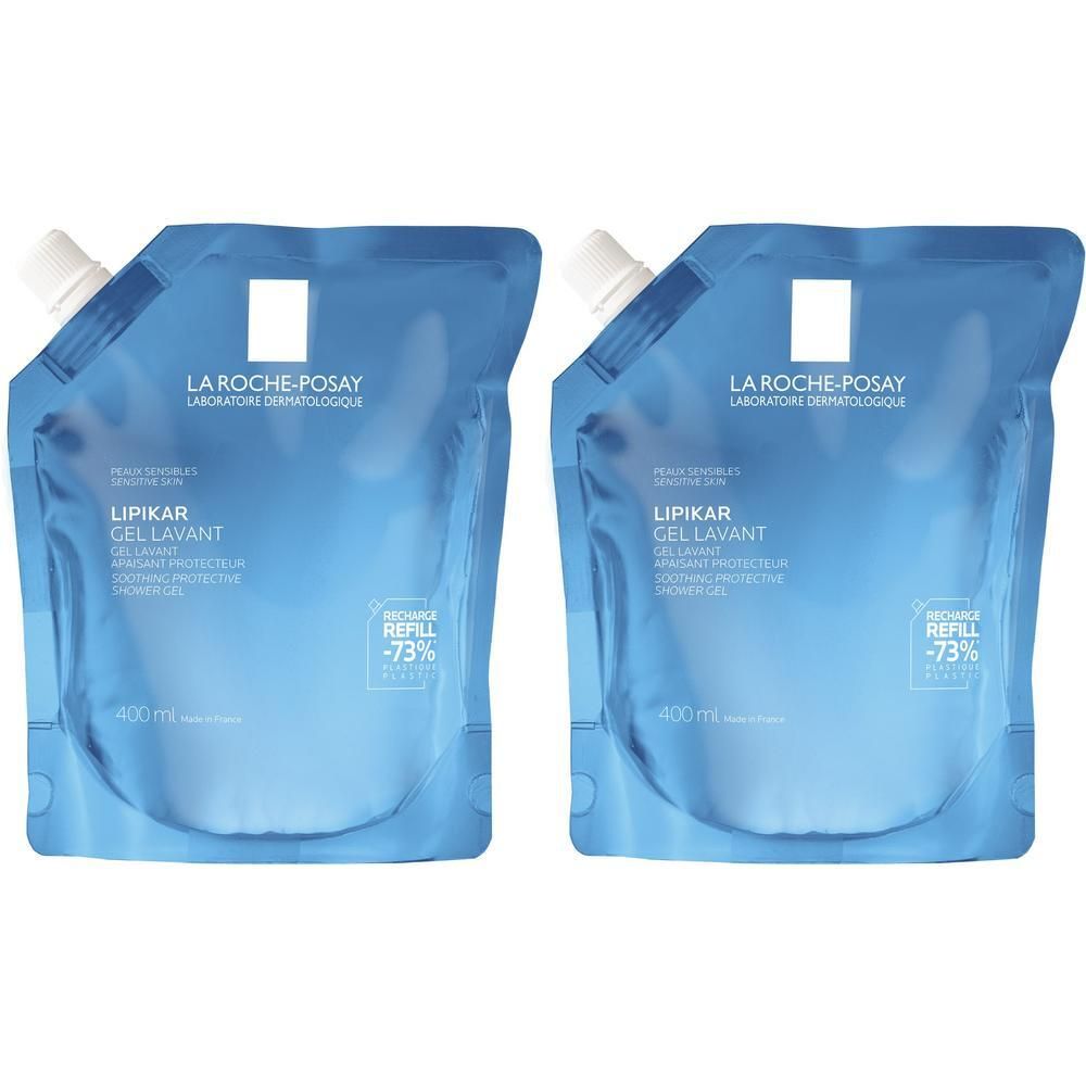 Deux recharges bleues. Inscription: La Roche-Posay, LIPIKAR Gel Lavant. Rechargeable -73%. Avec bouchon blanc.