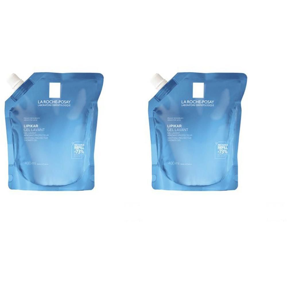 Twee blauwe navulverpakkingen. Opschrift: La Roche-Posay, LIPIKAR Gel Lavant. Navulbaar -73%. Met witte sluiting.