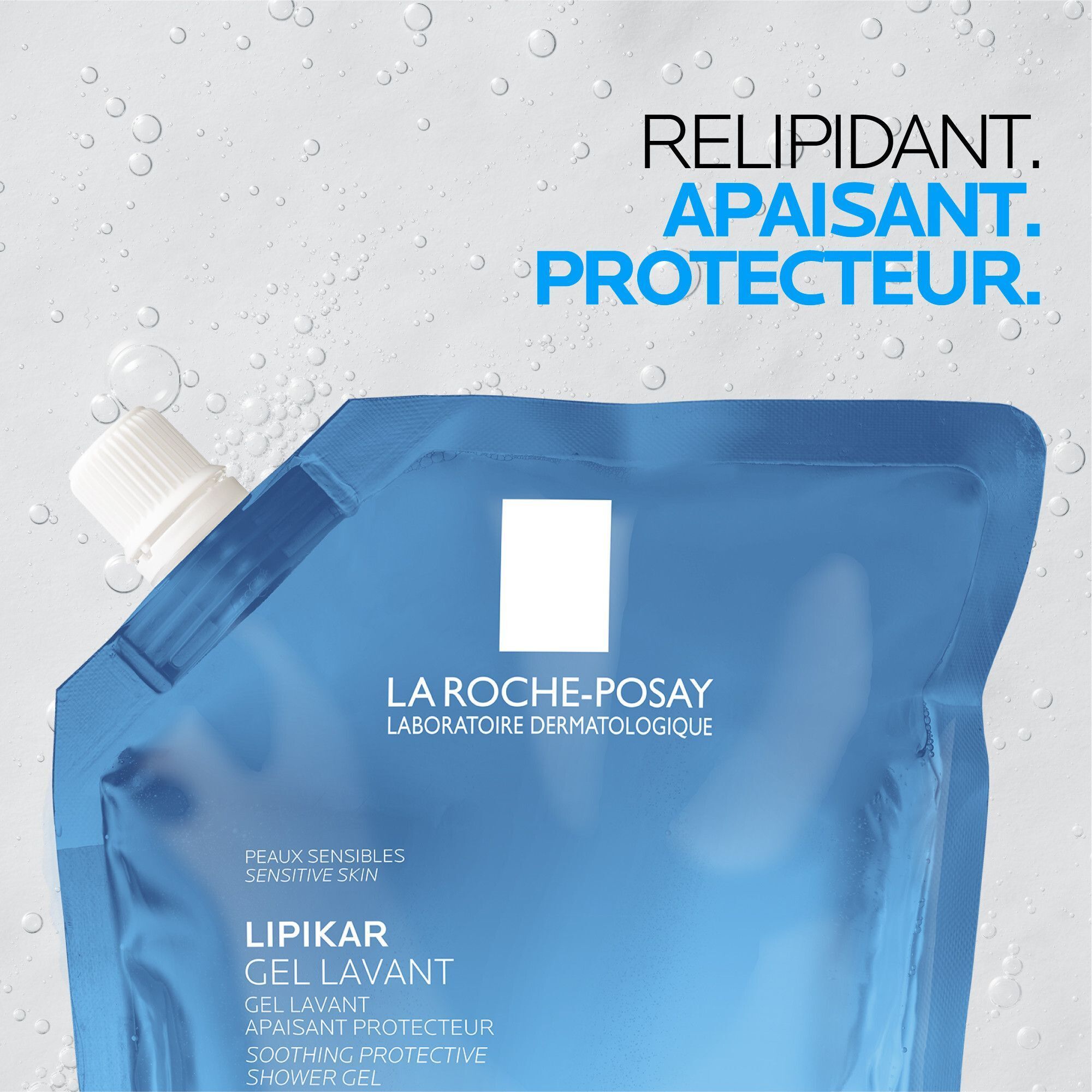 Recharge bleue avec bouchon blanc. Inscription: La Roche-Posay, LIPIKAR Gel Lavant. Texte: RELIPIDANT. APAISANT. PROTECTEUR.