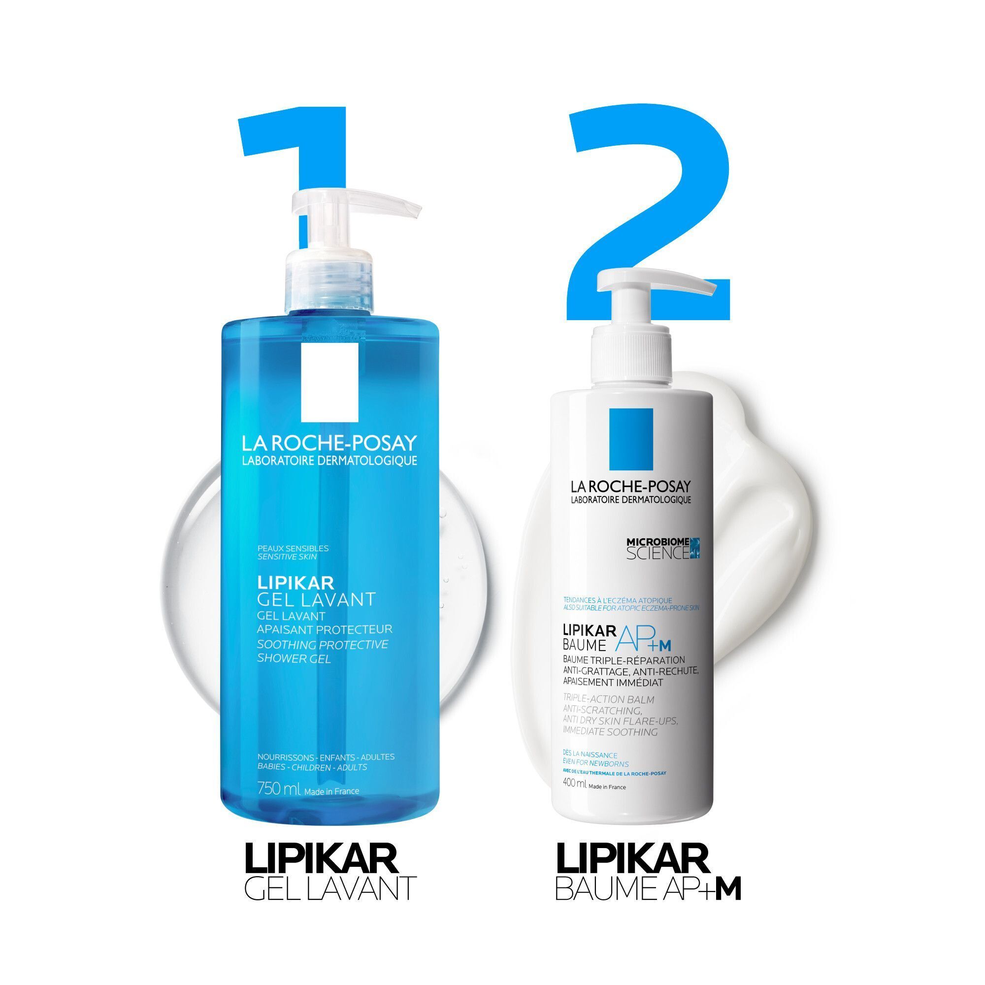 Deux produits: LIPIKAR Gel Lavant et LIPIKAR Baume AP+M. Flacons bleus avec pompes blanches. Inscription: La Roche-Posay.