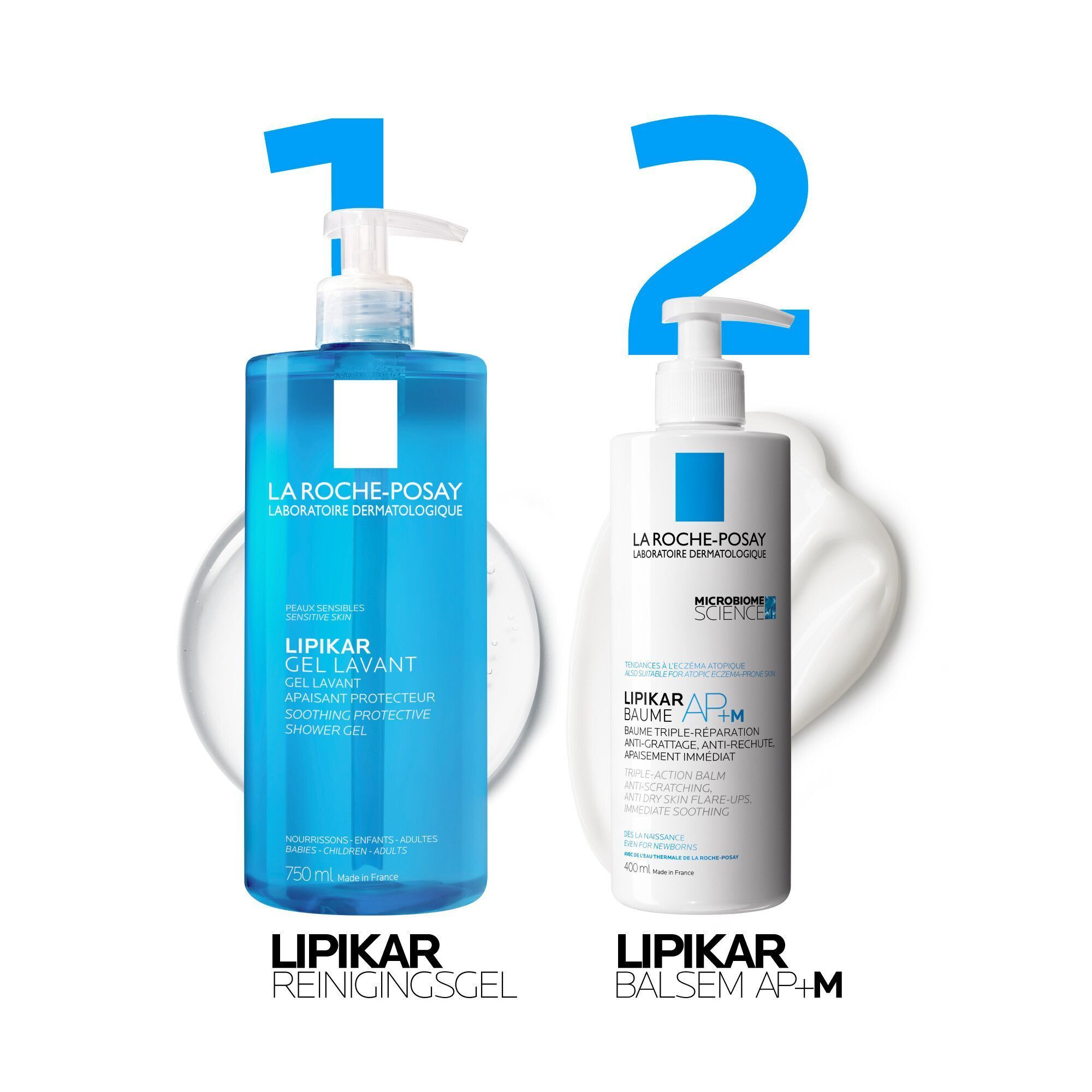 Twee producten: LIPIKAR Gel Lavant en LIPIKAR Baume AP+M. Blauwe flacons met witte pompen. Opschrift: La Roche-Posay.