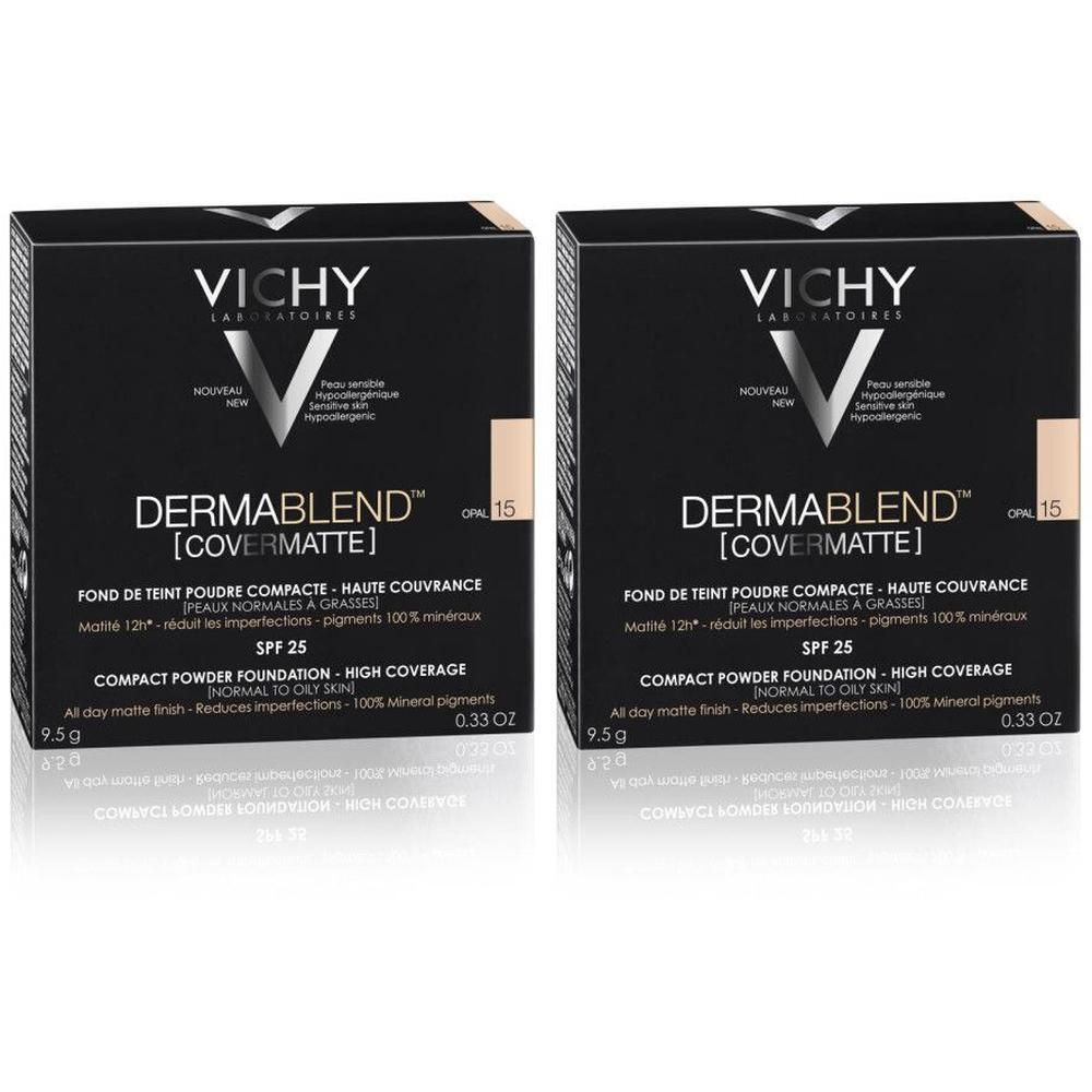 Twee Vichy Dermablend Covermatte poeders in Opal 15. Zwarte verpakking met productnaam en SPF 25.