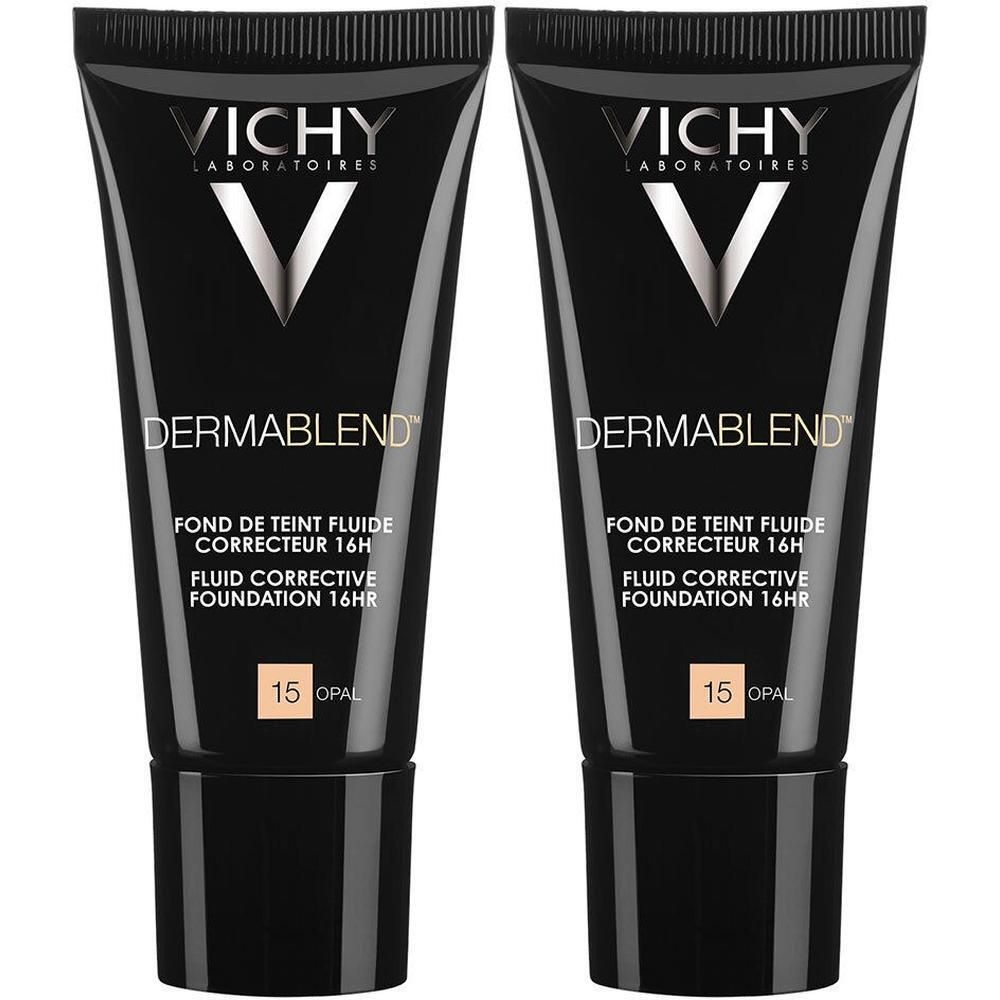 Deux tubes de Vichy Dermablend. Tubes noirs avec texte blanc. Inscription: Fond de Teint Fluide Correcteur 16H, teinte 15 Opal.