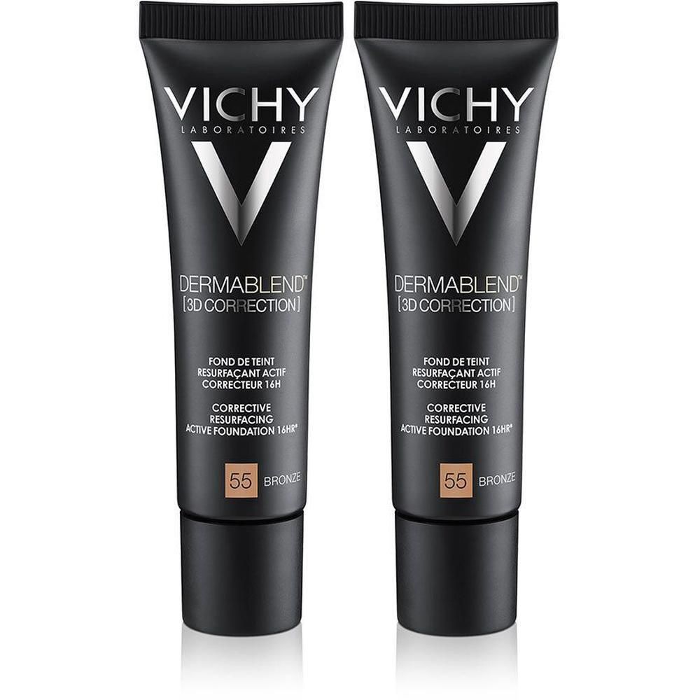 Deux tubes de fond de teint Vichy Dermablend 3D Correction. Teinte 55 Bronze. Tube noir avec bouchon noir. Texte blanc.
