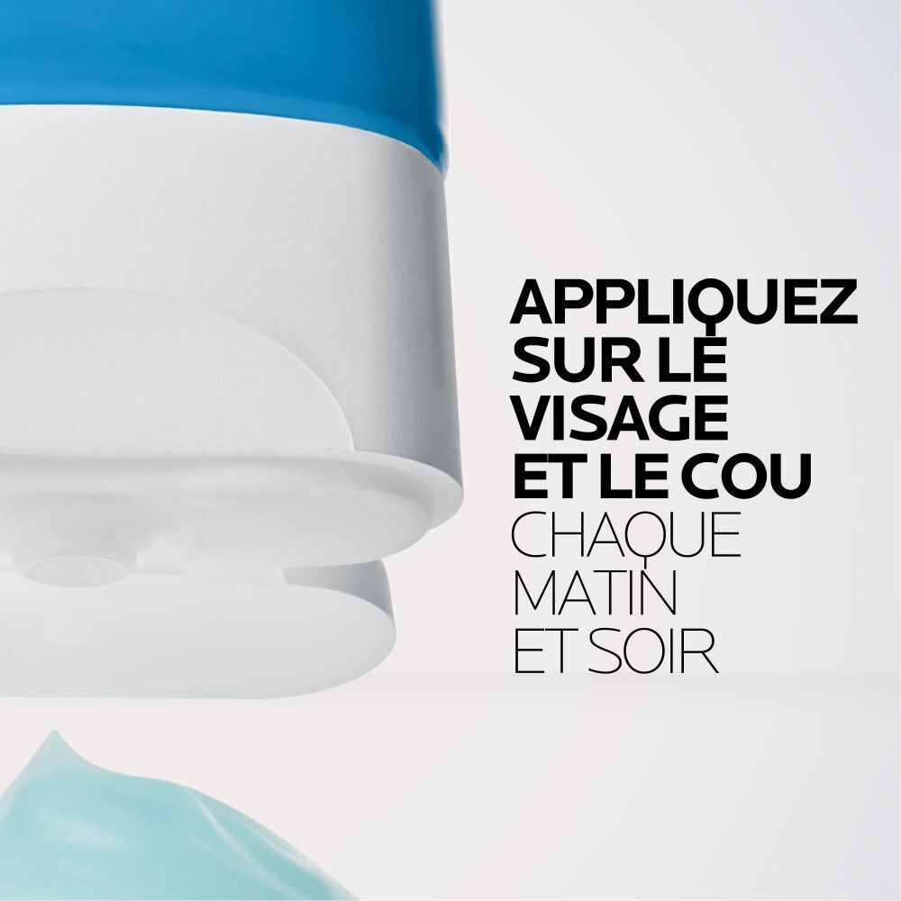 Gros plan d'un tube. Texte: Appliquer sur le visage et le cou chaque matin et soir.