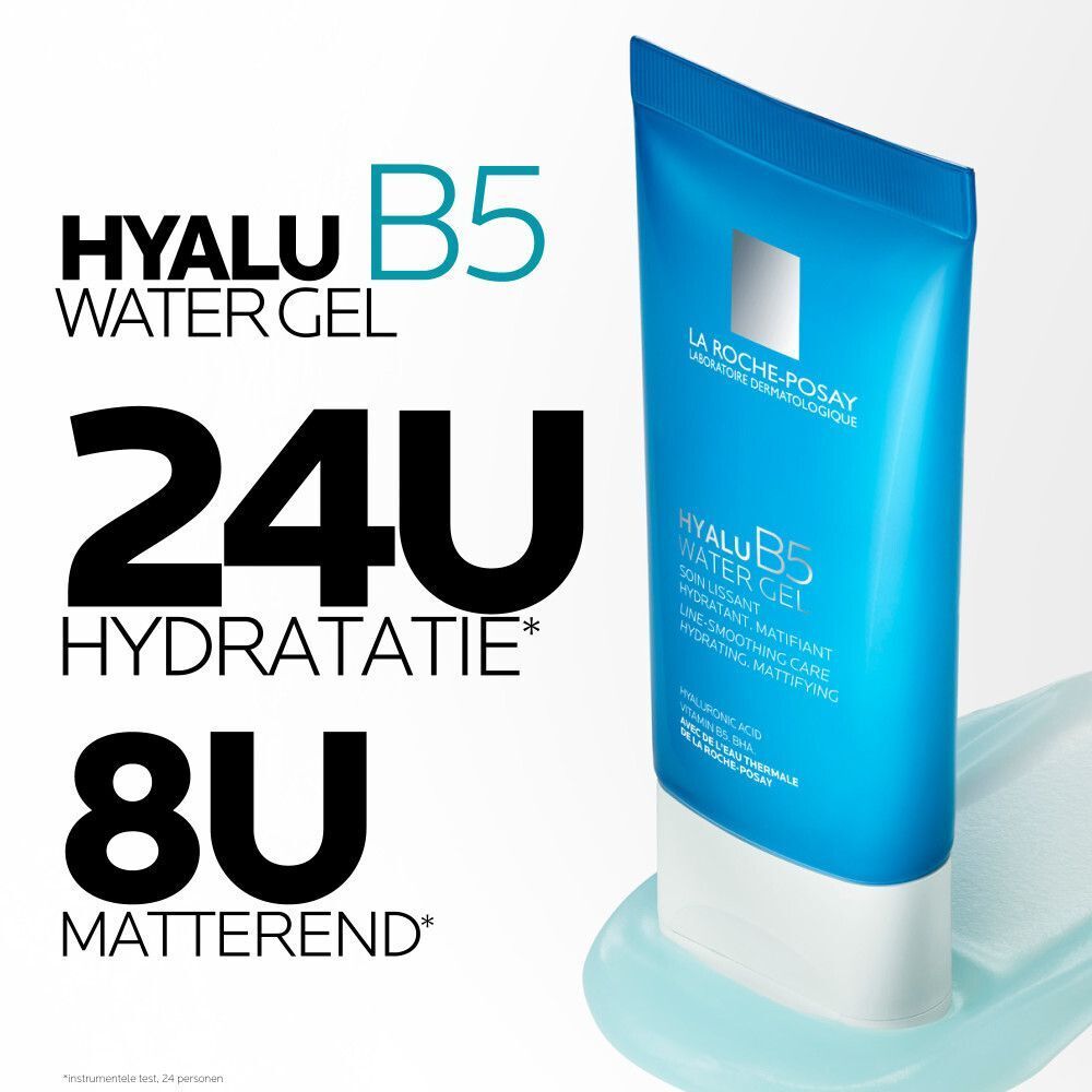 Blauwe tube. Tekst: Hyalu B5 Water Gel, 24U Hydratatie, 8U Matterend. La Roche-Posay.