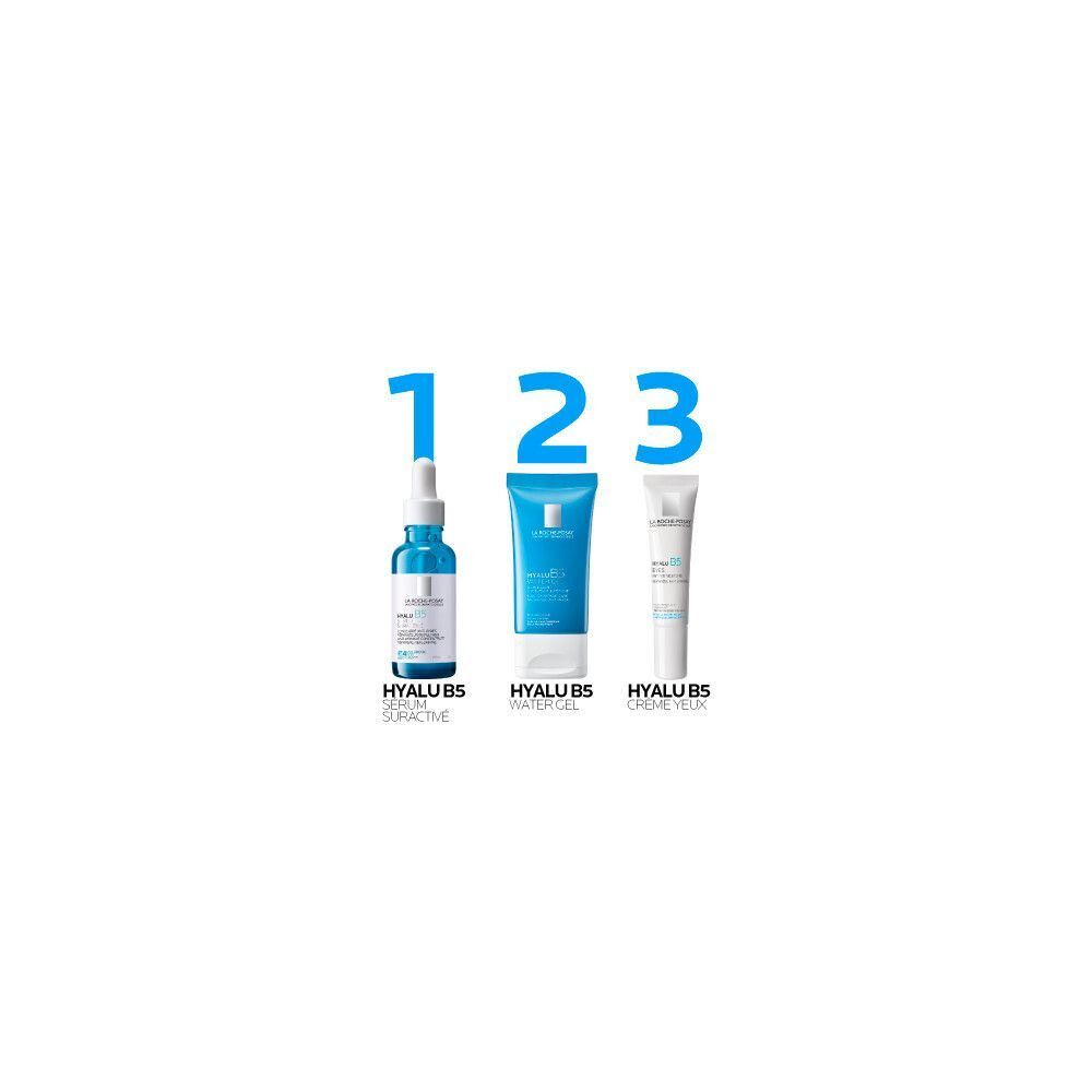 Trois produits: Hyalu B5 Serum, Hyalu B5 Water Gel, Hyalu B5 crème yeux. La Roche-Posay.