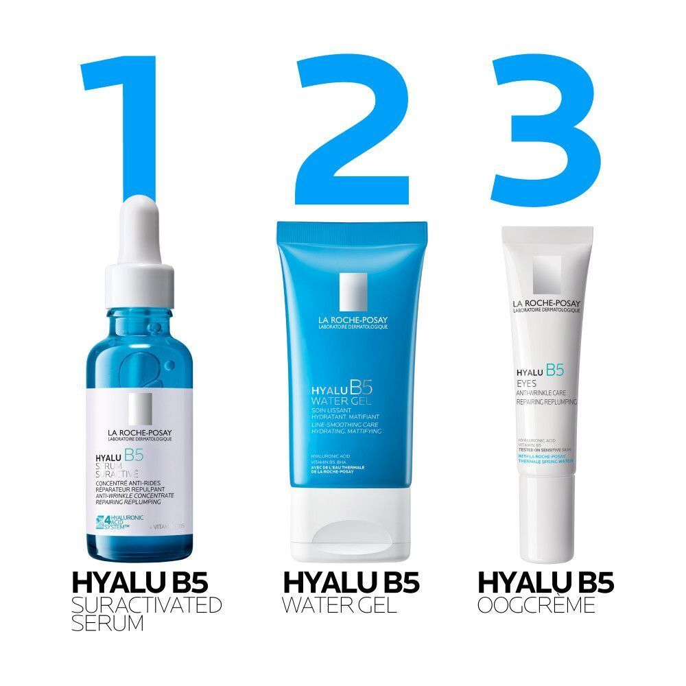 Drie producten: Hyalu B5 Serum, Hyalu B5 Water Gel, Hyalu B5 oogcrème. La Roche-Posay.