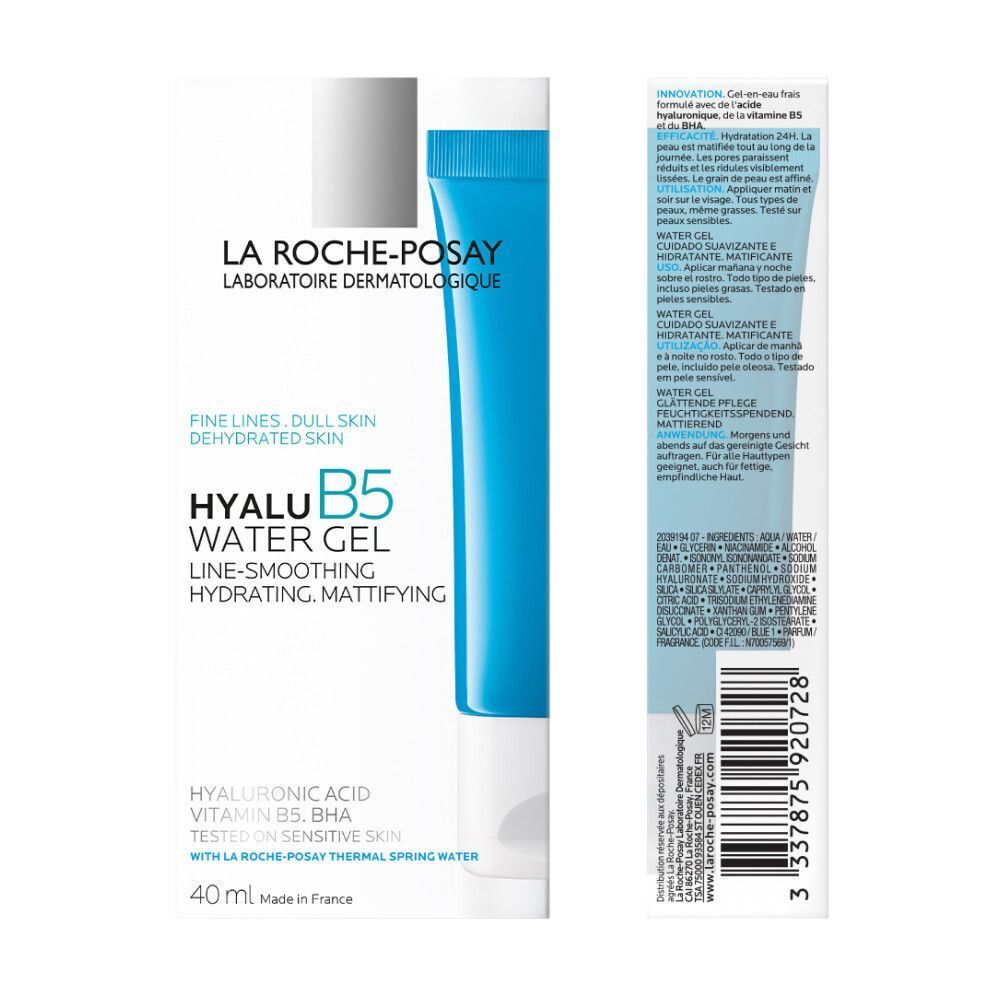 Productverpakking. Tekst: La Roche-Posay, Hyalu B5 Water Gel. 40 ml. Ingrediënten.