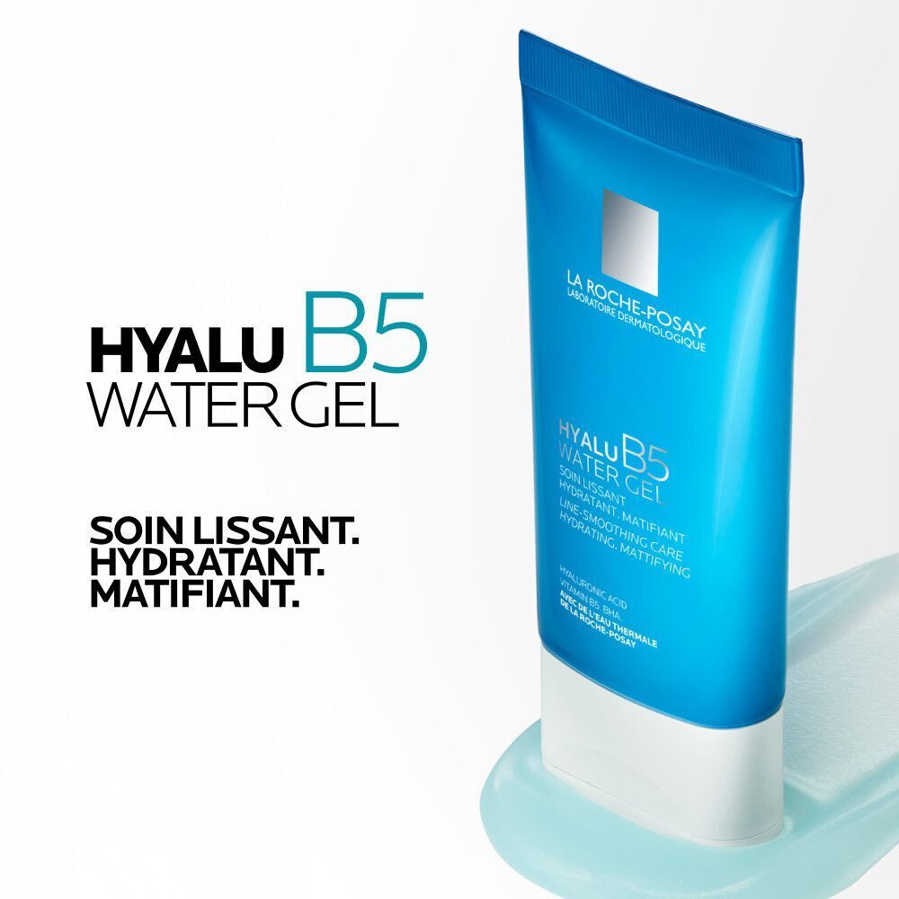 Tube bleu. Texte: Hyalu B5 Water Gel. Soin lissant. Hydratant. Matifiant.