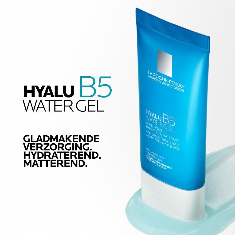 Blauwe tube. Tekst: Hyalu B5 Water Gel. Gladmakende verzorging. Hydraterend. Matterend.