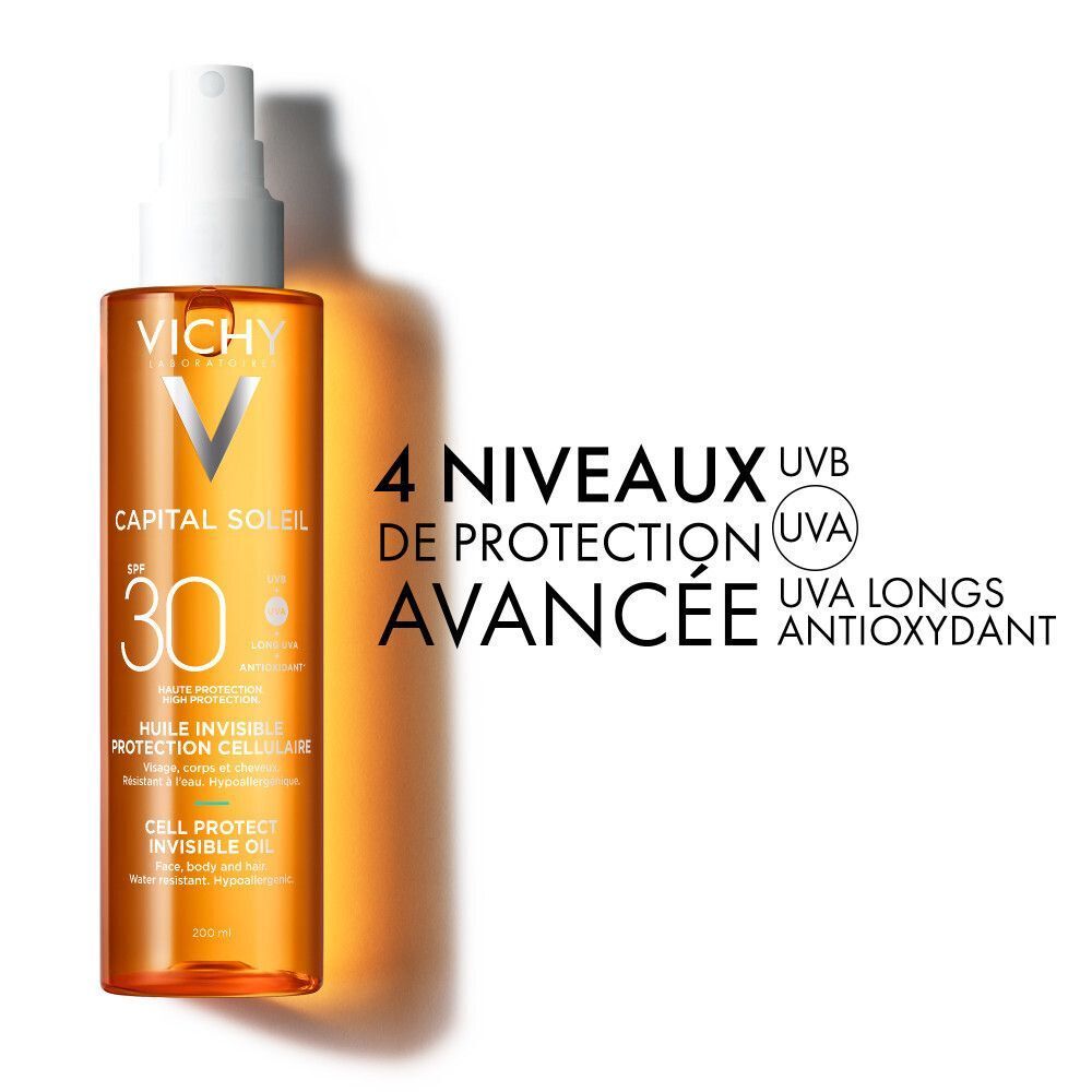 Flacon Vichy Capital Soleil SPF30. Texte: 4 niveaux de protection avancée. UVB, UVA, UVA longs, antioxydant.