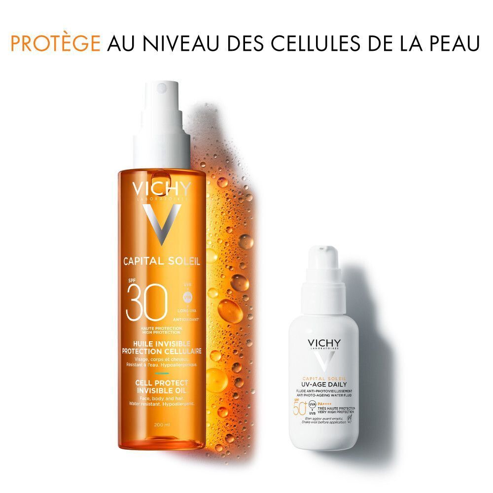 Vichy Capital Soleil SPF30 et UV-Age Daily SPF50. Texte: Protège au niveau des cellules de la peau.