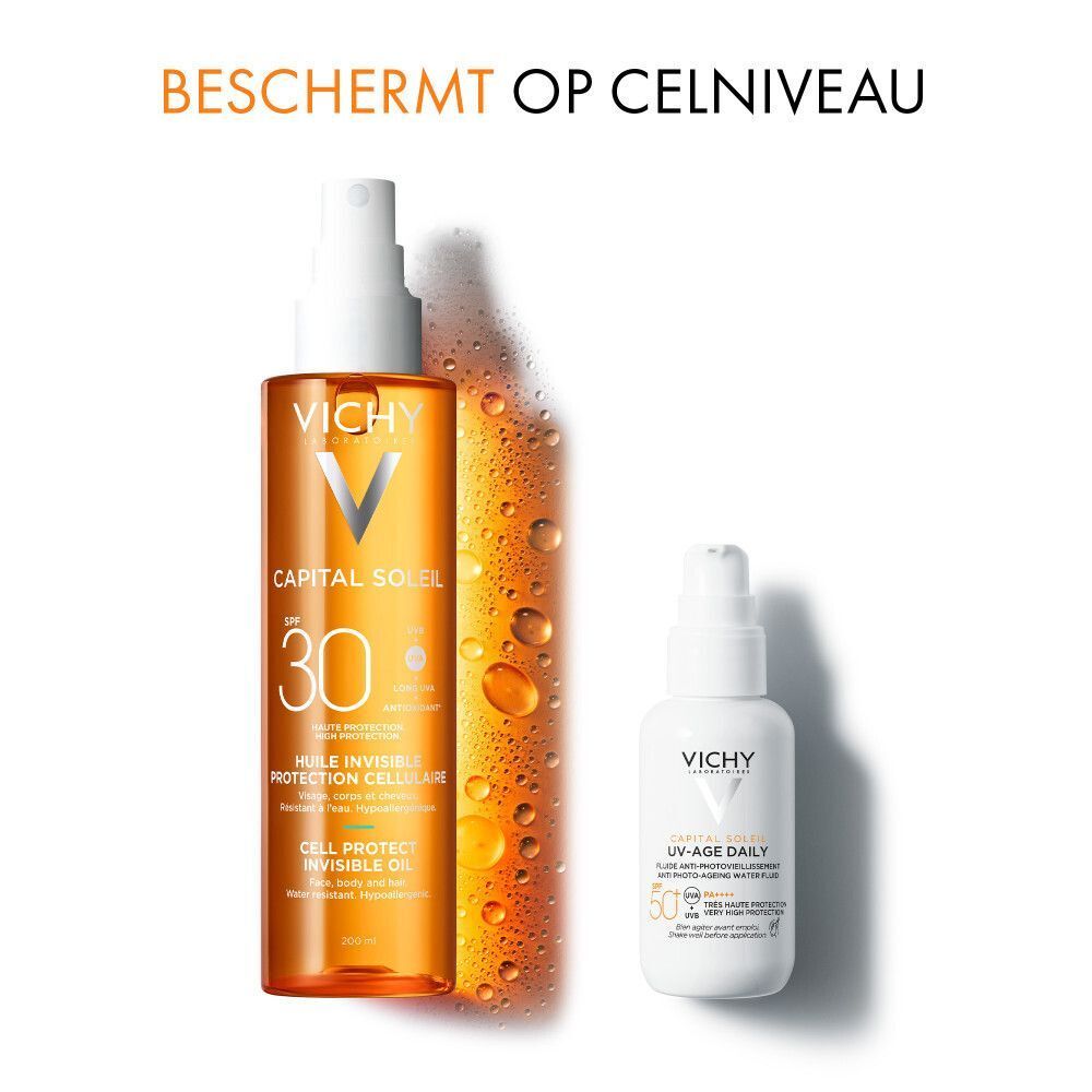Achterkant van de Vichy Capital Soleil SPF30 fles. Tekst en symbolen. 200 ml.