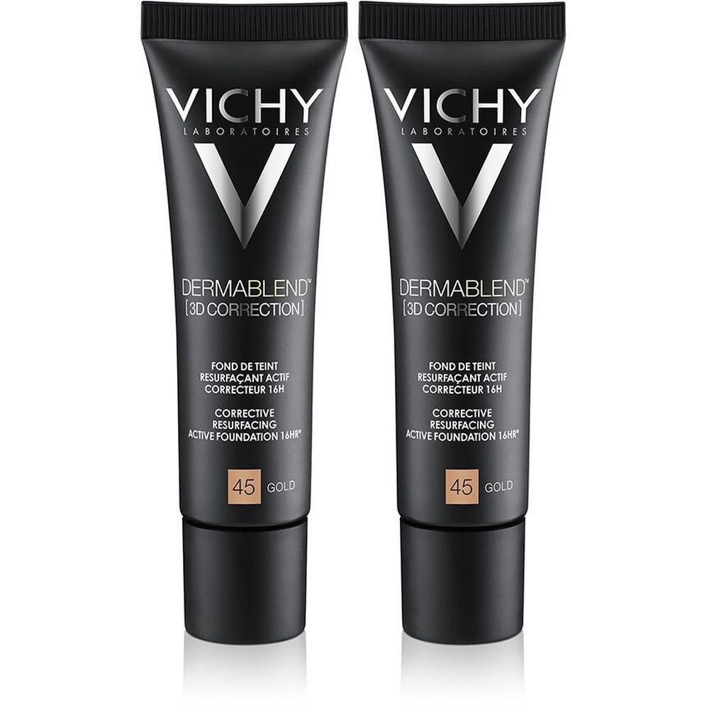 Twee tubes Vichy Dermablend 3D Correction foundation. Zwarte tubes met witte tekst. Tint 45 Gold.