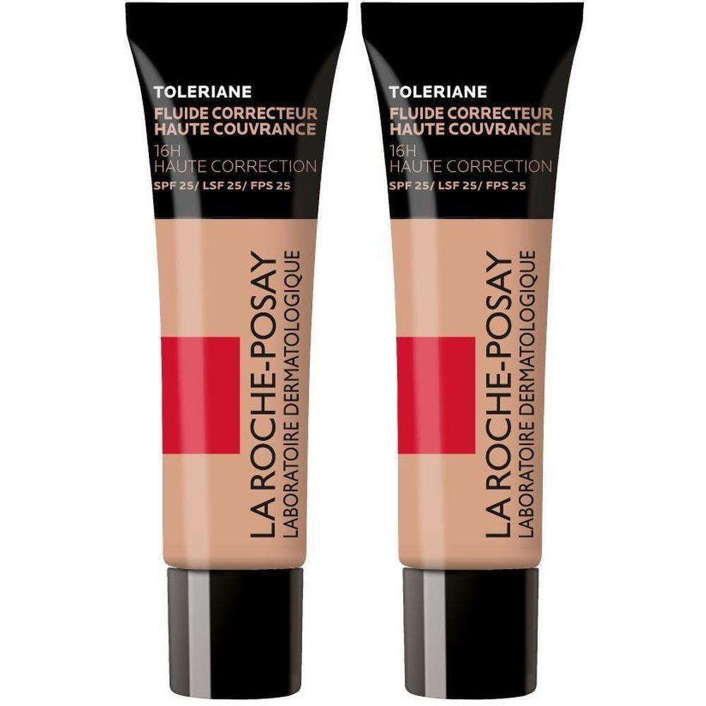 Deux tubes de La Roche-Posay Toleriane Fluide Correcteur. Tubes beiges avec bouchon noir et bande rouge. Texte noir et blanc.