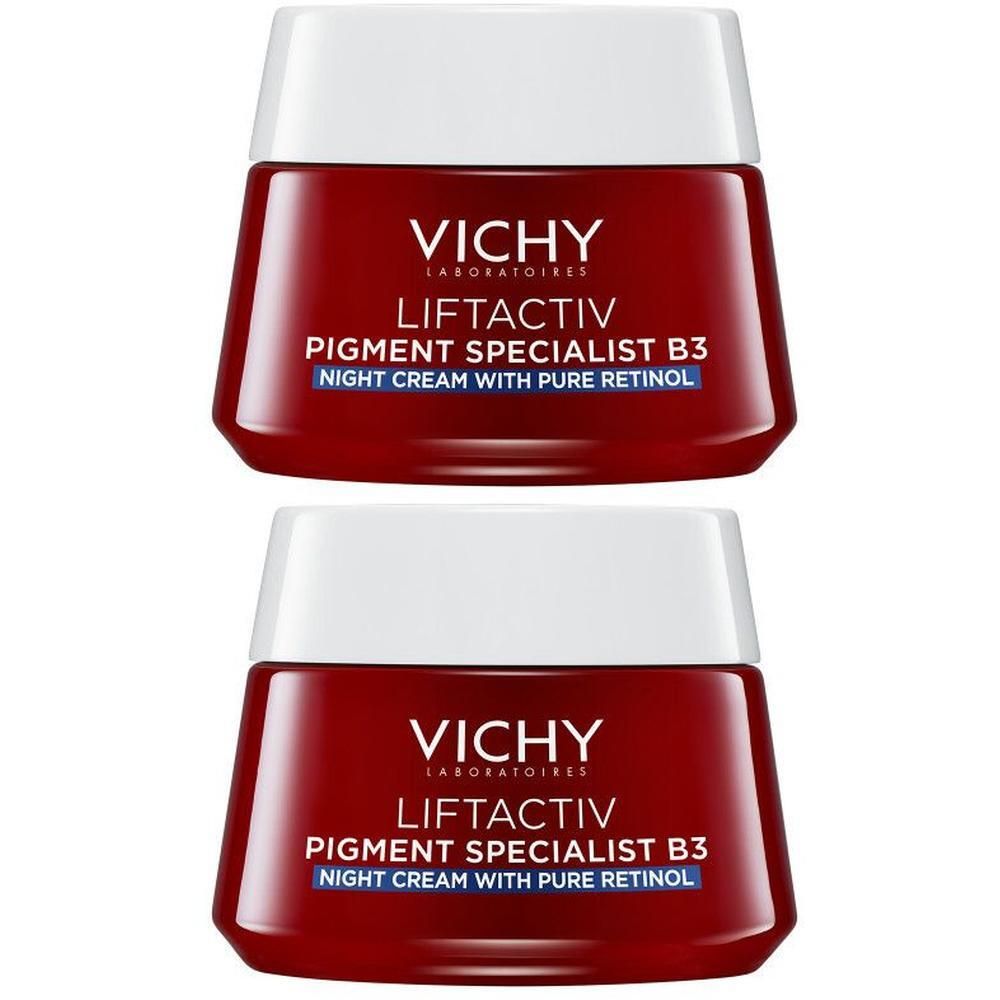 Deux pots de crème de nuit Vichy Liftactiv Pigment Specialist B3. Pot rouge, couvercle blanc. Texte: Vichy, Liftactiv, B3.