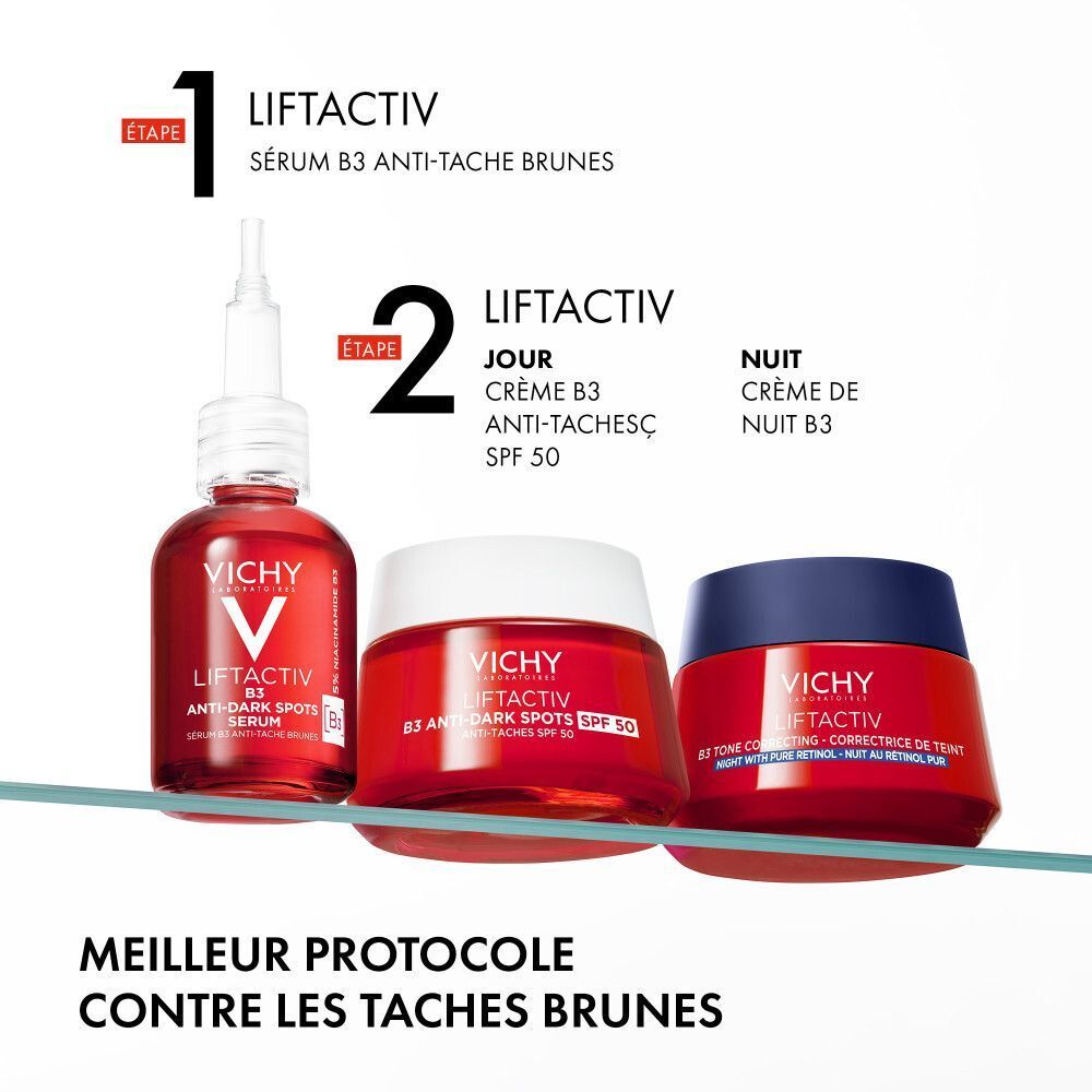 Trois produits Vichy Liftactiv. Gauche: Sérum B3 Anti-Taches. Milieu: Crème B3 Anti-Taches SPF 50. Droite: Nuit Crème de Nuit B3.