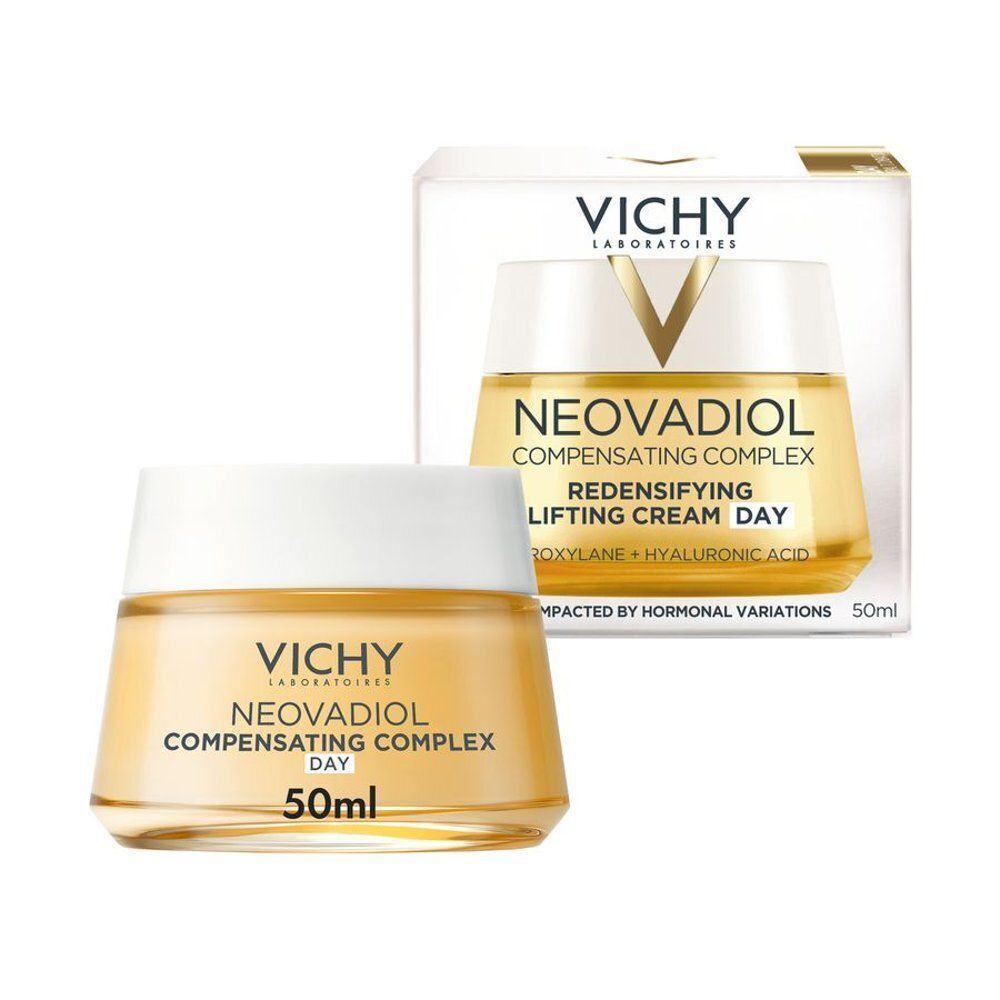 Vichy Neovadiol Crème de Jour en pot de verre avec emballage. Boîte blanche avec logo Vichy et nom du produit.