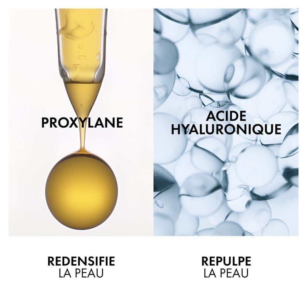 Illustration de Pro-Xylane et Acide Hyaluronique. Texte: Redensifie la peau, Repulpe la peau.