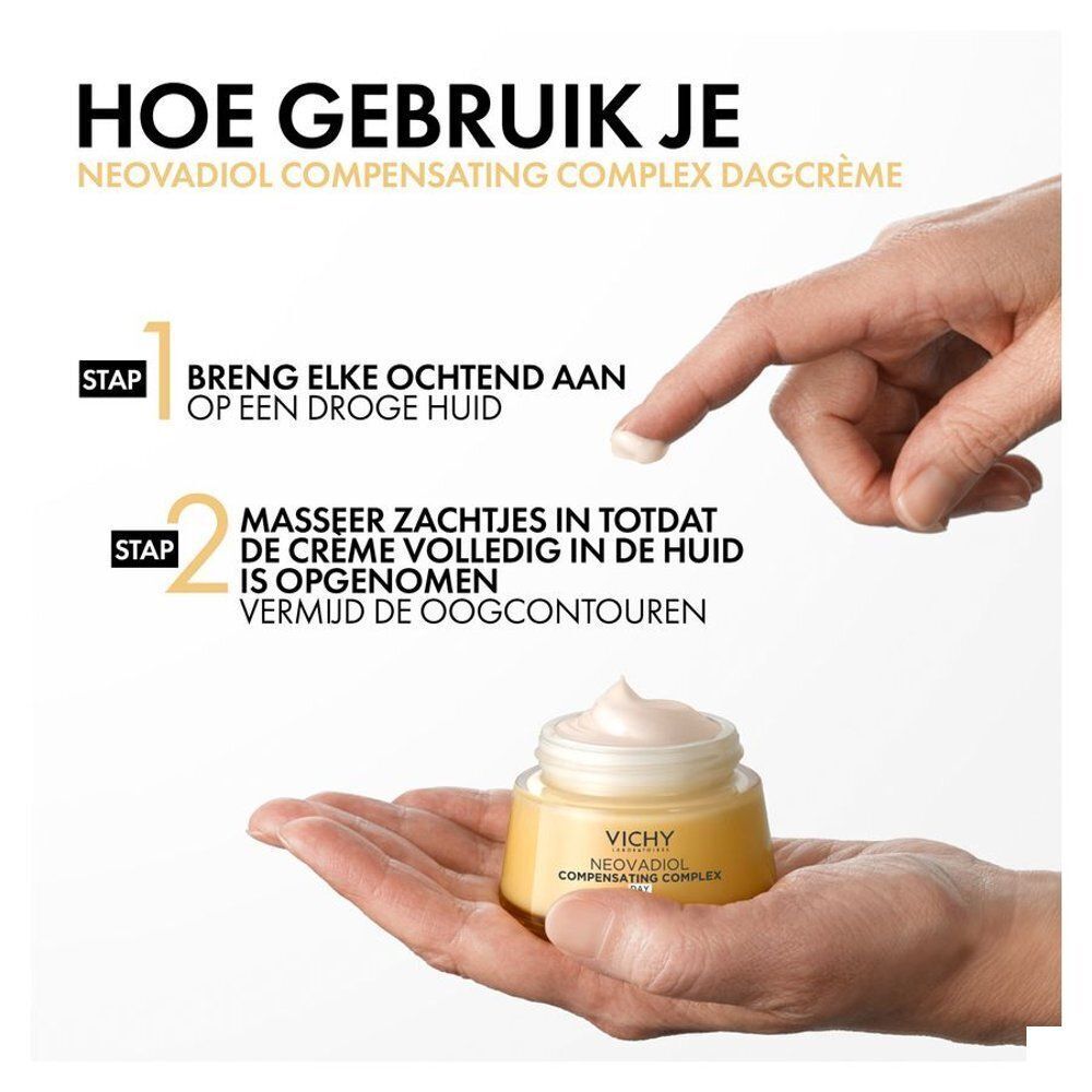 Drie potten Vichy dagcrème. Tekst: Perte de densité, Peau relâchée, Taches brunes. Vichy-logo.