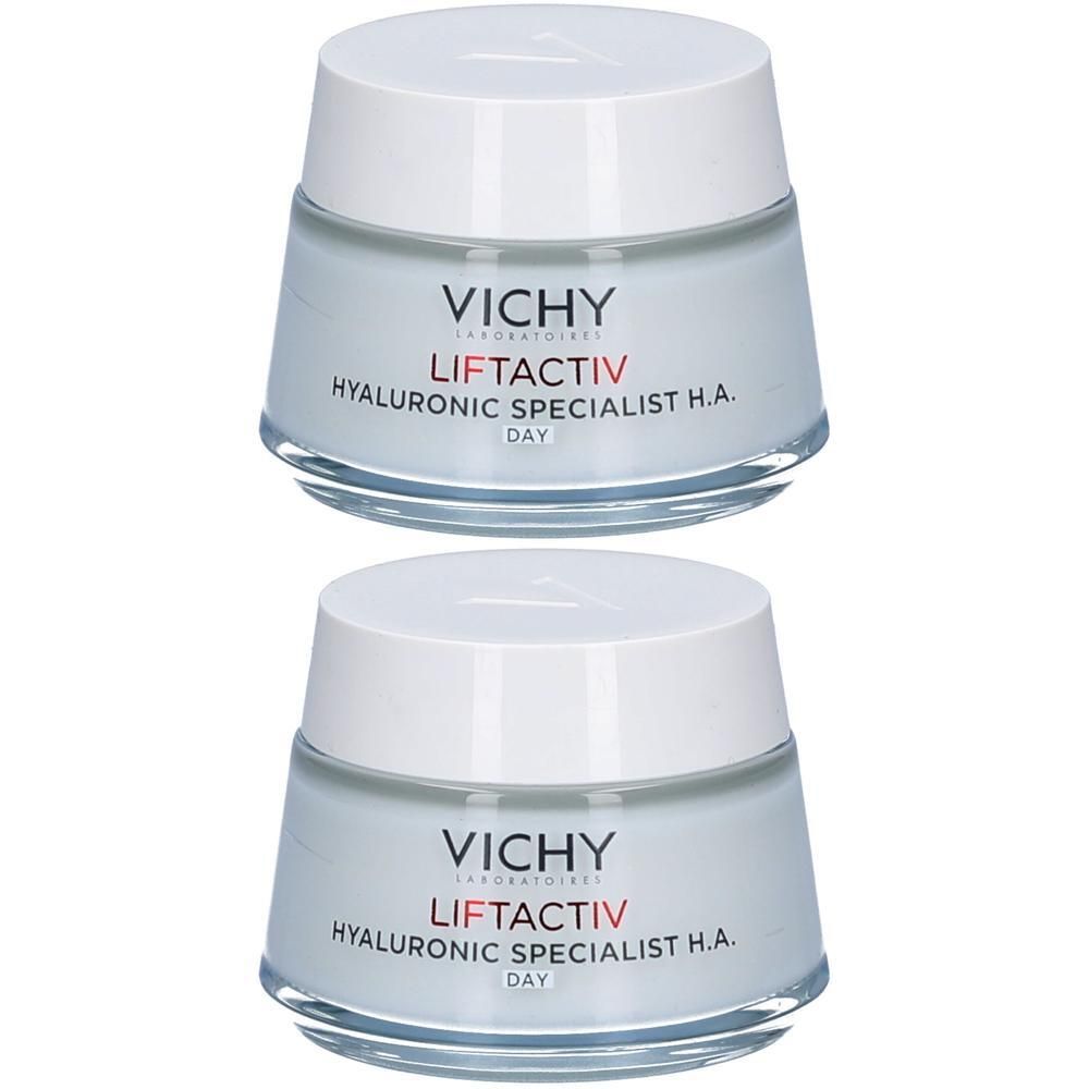 Twee crèmepotten met witte deksels. Opschrift: Vichy Liftactiv Hyaluronic Specialist H.A. Day.