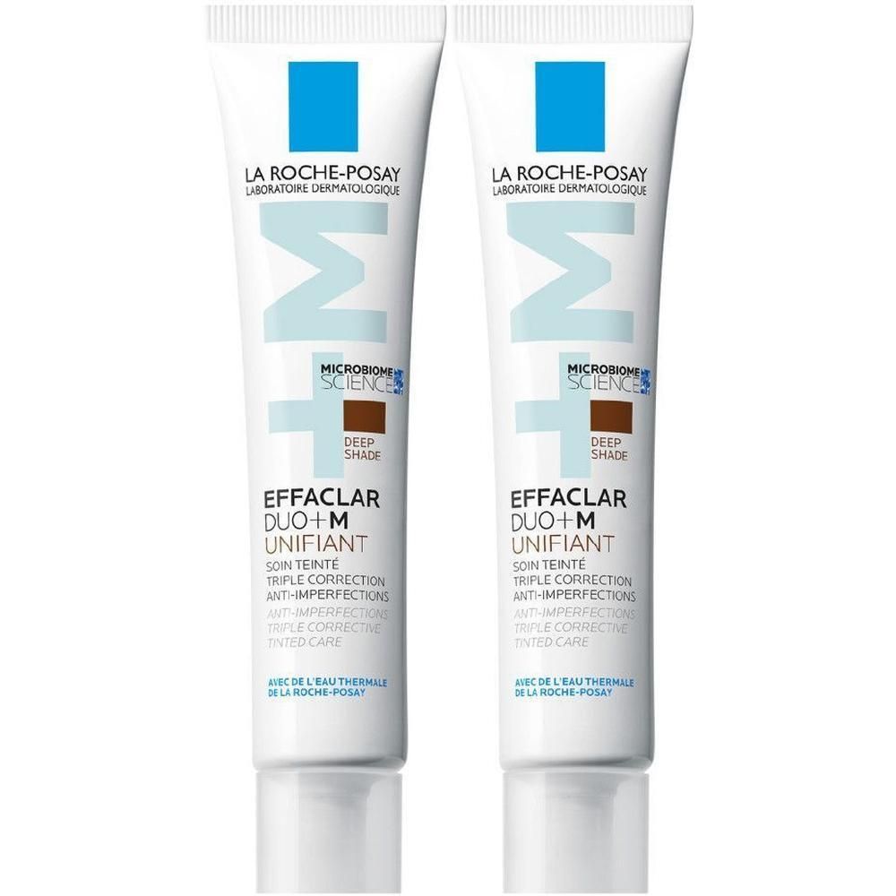 Twee tubes La Roche-Posay Effaclar Duo+M, getinte crème, Deep Shade. Witte tubes met blauwe tekst.