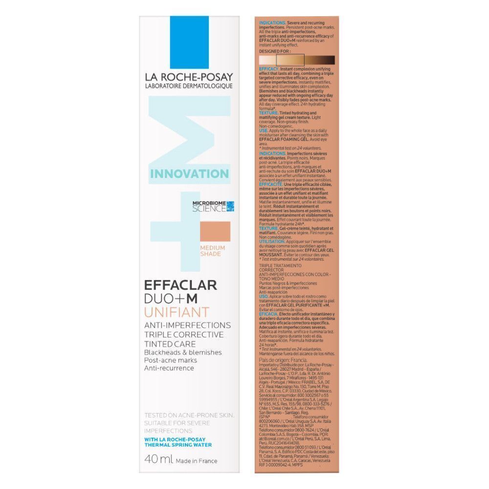 La Roche-Posay Effaclar Duo+M, crème teintée, Medium Shade. Emballage avec informations produit.