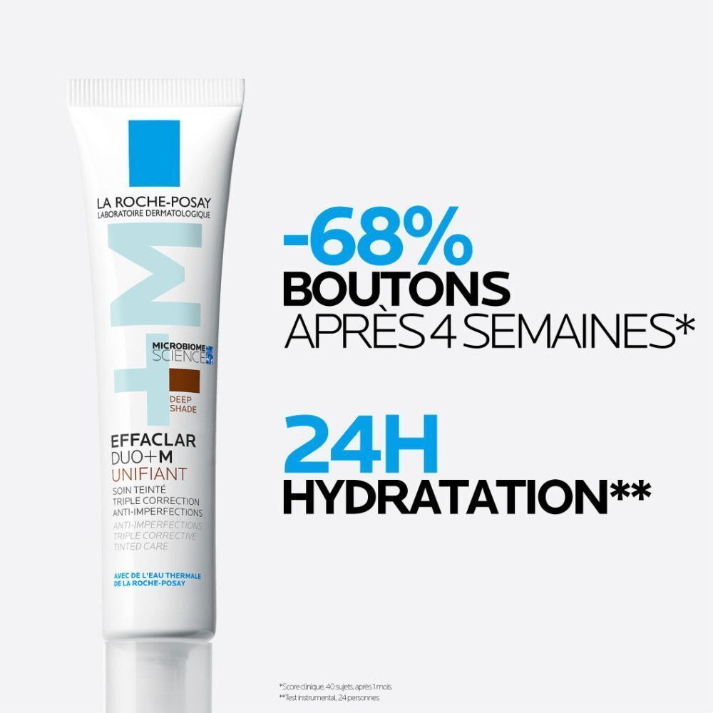 La Roche-Posay Effaclar Duo+M, crème teintée. Texte: -68% boutons après 4 semaines, 24H hydratation.