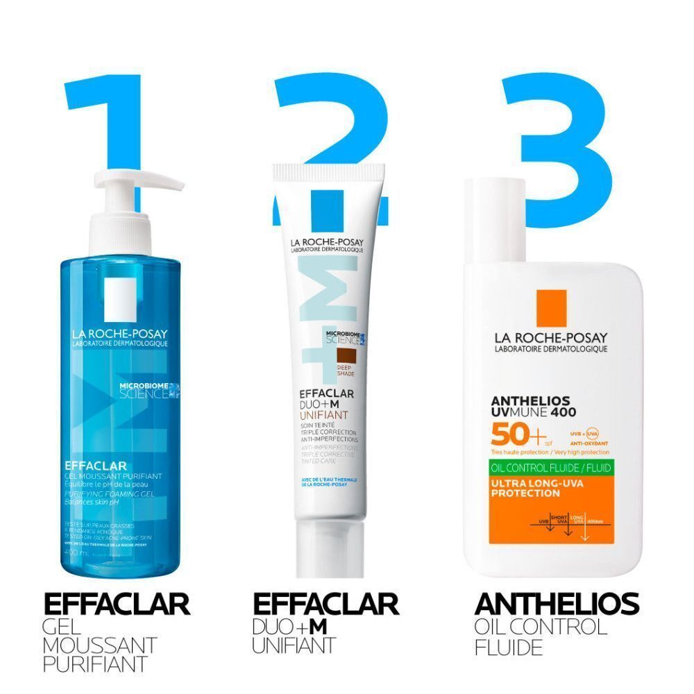 Trois produits: Effaclar Gel, Effaclar Duo+M, Anthelios Oil Control Fluide. Tous de La Roche-Posay.