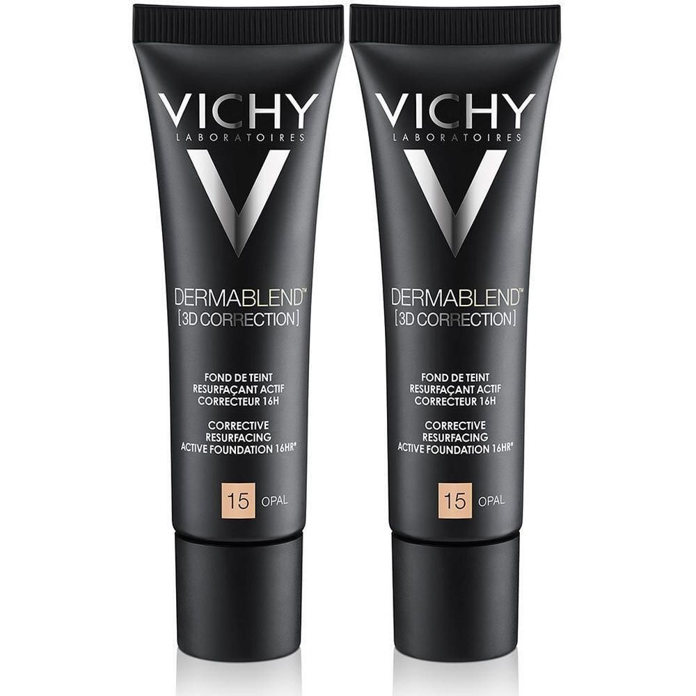 Twee tubes Vichy Dermablend. Zwarte tubes met witte tekst. Opschrift: Dermablend 3D Correction, Corrective Resurfacing Active Foundation 16H. Tint 15 Opal.