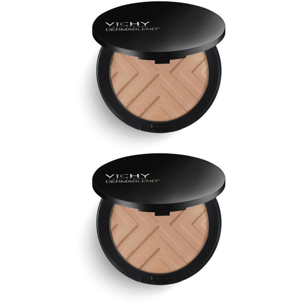 Twee compacte poeders met zwarte deksel. Op de deksel staat "Vichy Dermablend". De poeder heeft een geometrisch patroon.