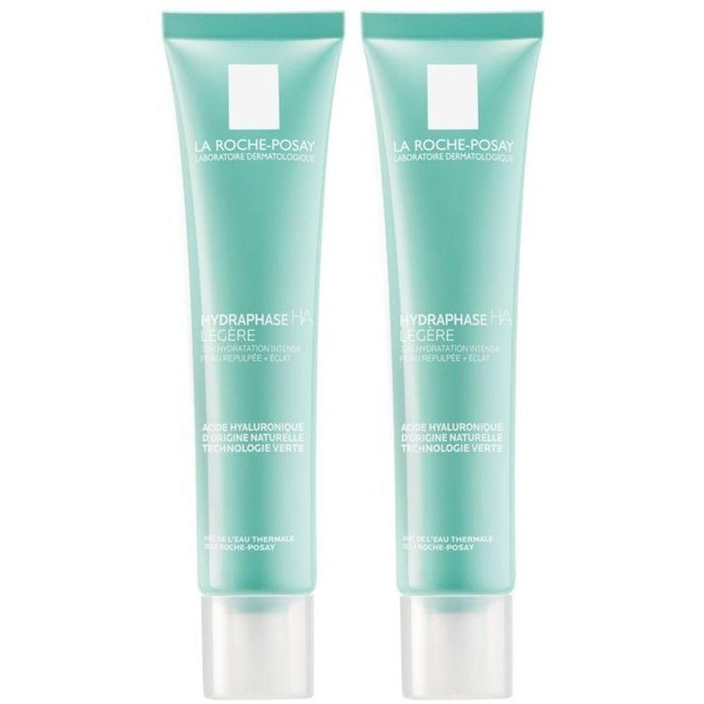Deux tubes de La Roche-Posay Hydraphase HA Crème de Jour Légère. Tubes turquoise avec bouchon blanc.