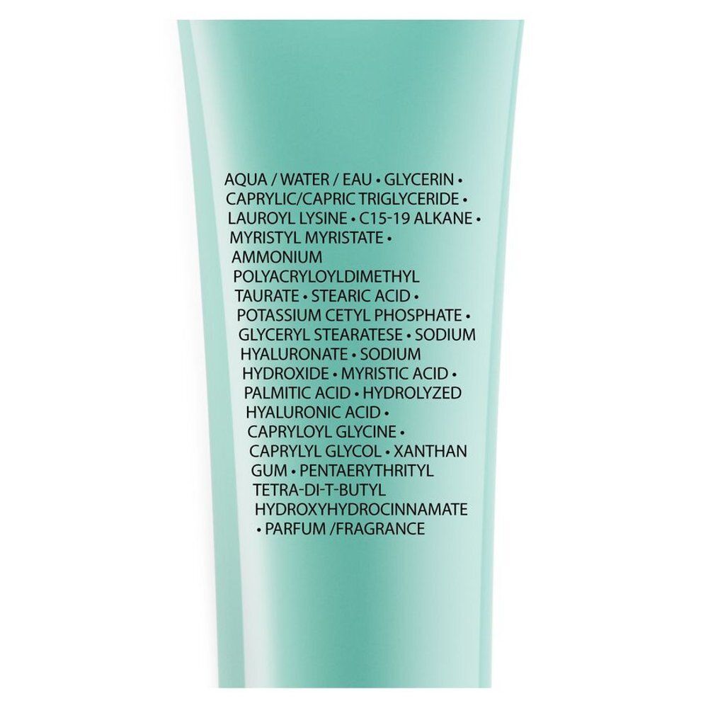 Ingrediënten van La Roche-Posay Hydraphase HA Crème de Jour Légère. Tekst op turquoise achtergrond.