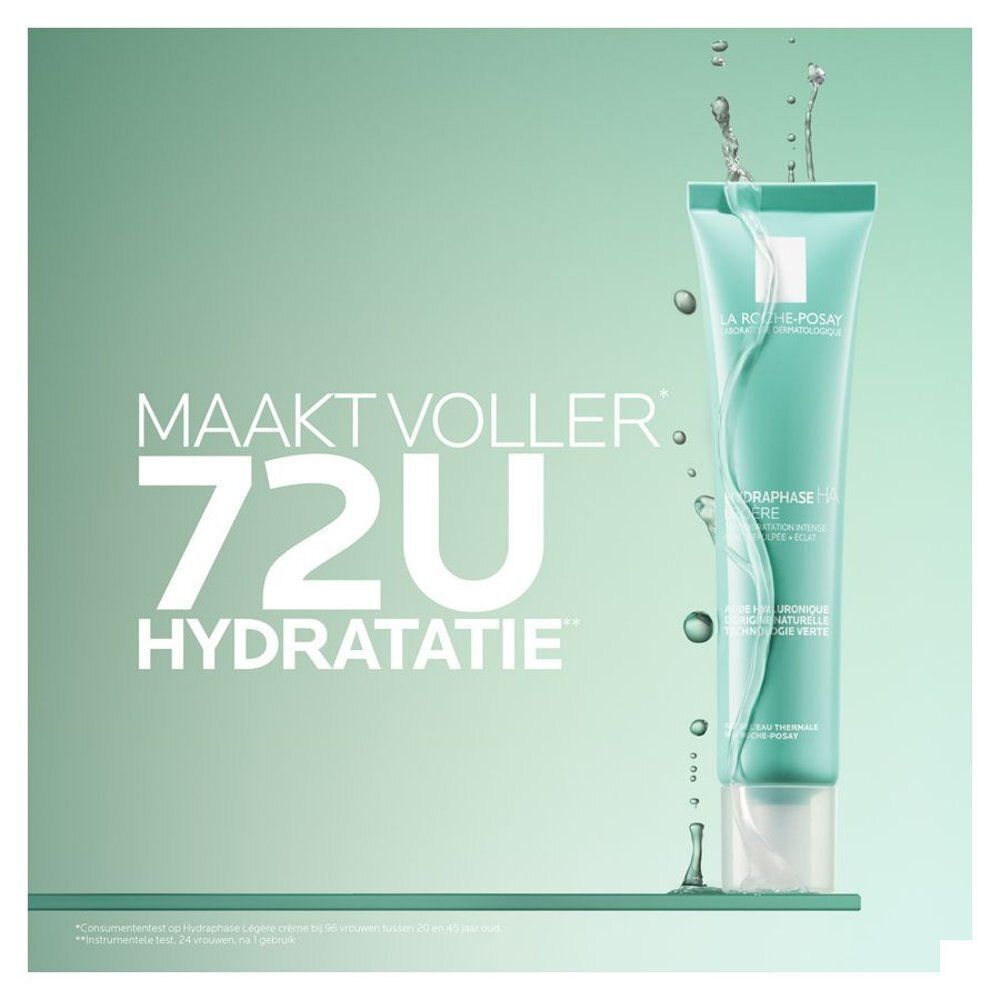 La Roche-Posay Hydraphase HA Crème de Jour Légère. Tekst: Maakt voller. 72U Hydratatie.