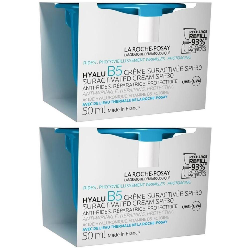 Deux boîtes de crème La Roche-Posay Hyalu B5 SPF30. Emballage bleu et blanc. Texte : 50 ml, Made in France.