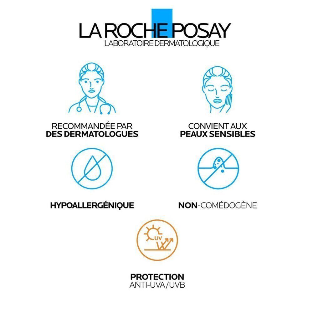 Logo La Roche-Posay et icônes. Texte : Recommandée par des dermatologues, convient aux peaux sensibles, hypoallergénique.