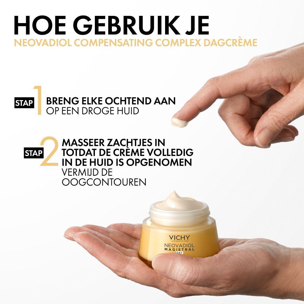 Hand met crème. Tekst: Hoe te gebruiken. Stap 1: Breng elke ochtend aan op een droge huid. Stap 2: Masseer zachtjes.