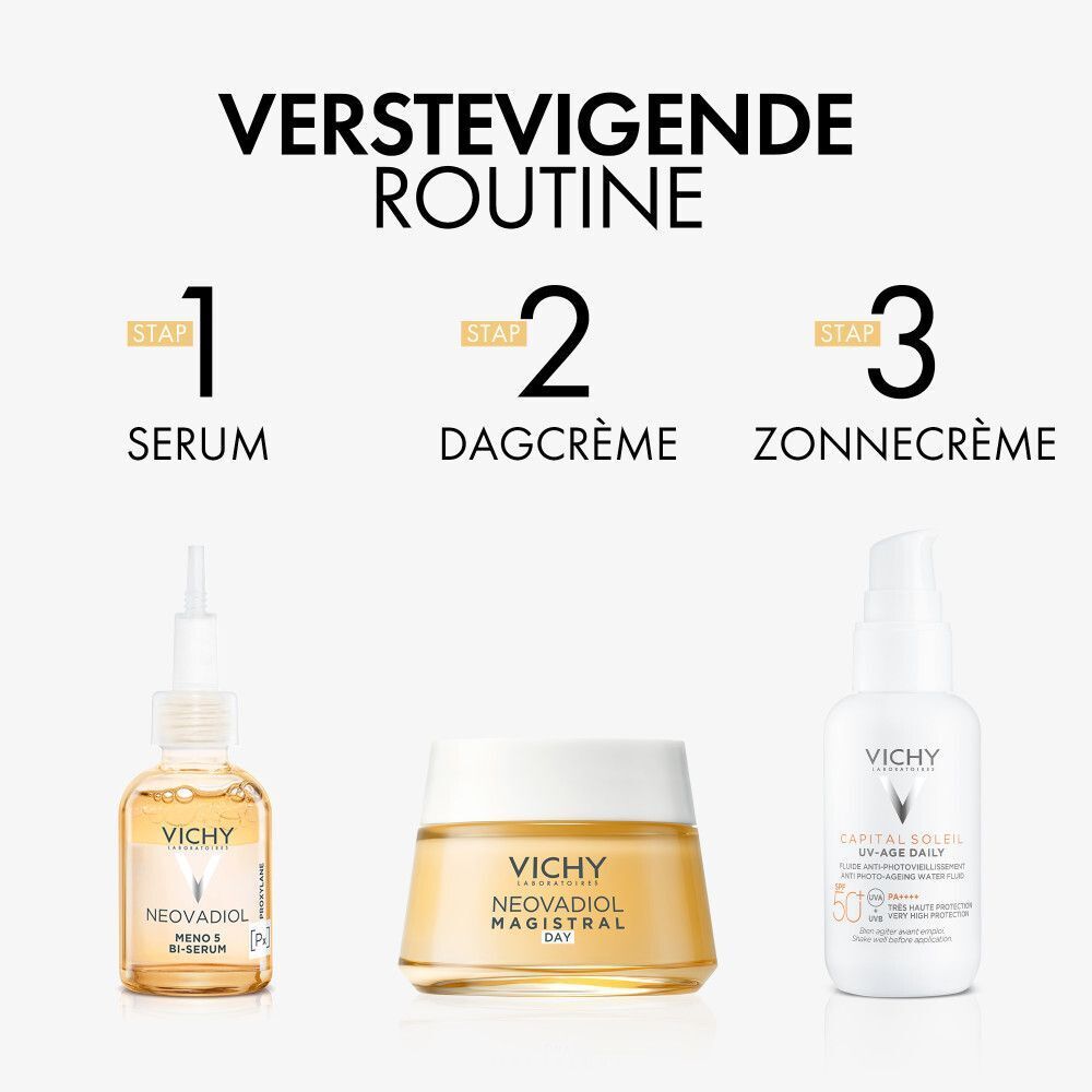 Drie producten. Tekst: Verstevigende routine. Serum, dagcrème, zonnecrème. Vichy Neovadiol.