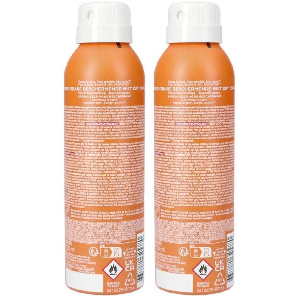 Deux flacons spray orange avec bouchon blanc. Texte sur le flacon. Certification UK CA.